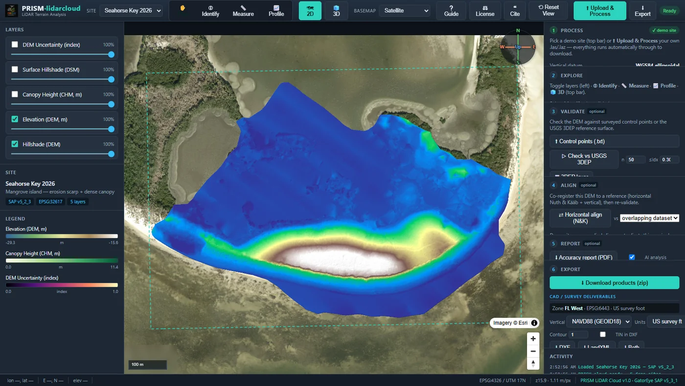 The PRISM·lidarcloud 2D workspace: a colored bare-earth DEM rendered over satellite imagery of a coastal mangrove island, with layer toggles and legends on the left and identify, validation and CAD-export panels on the right
