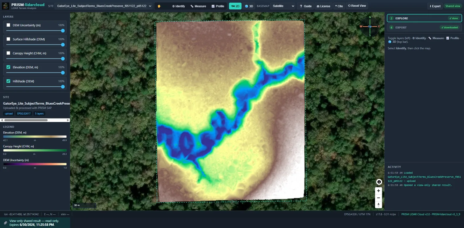 The PRISM·lidarcloud client share view: a single processed result opened from a share link, showing the 2D maps, 3D cloud, profiles and identify, with no sign-in or account access