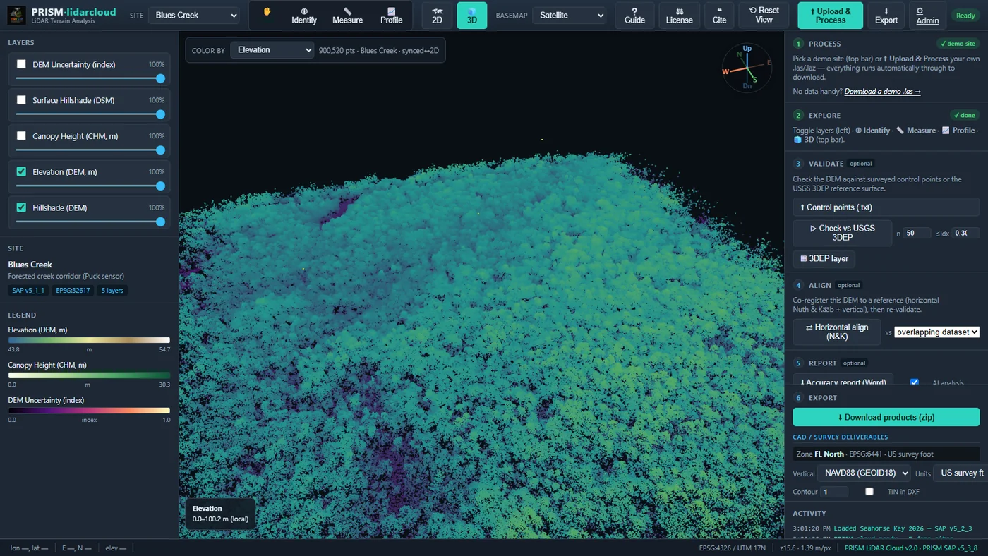 The PRISM·lidarcloud app open in the browser: the built-in 3D point-cloud viewer showing a forested site colored by elevation, with the layer panel, validation and CAD/export controls around it